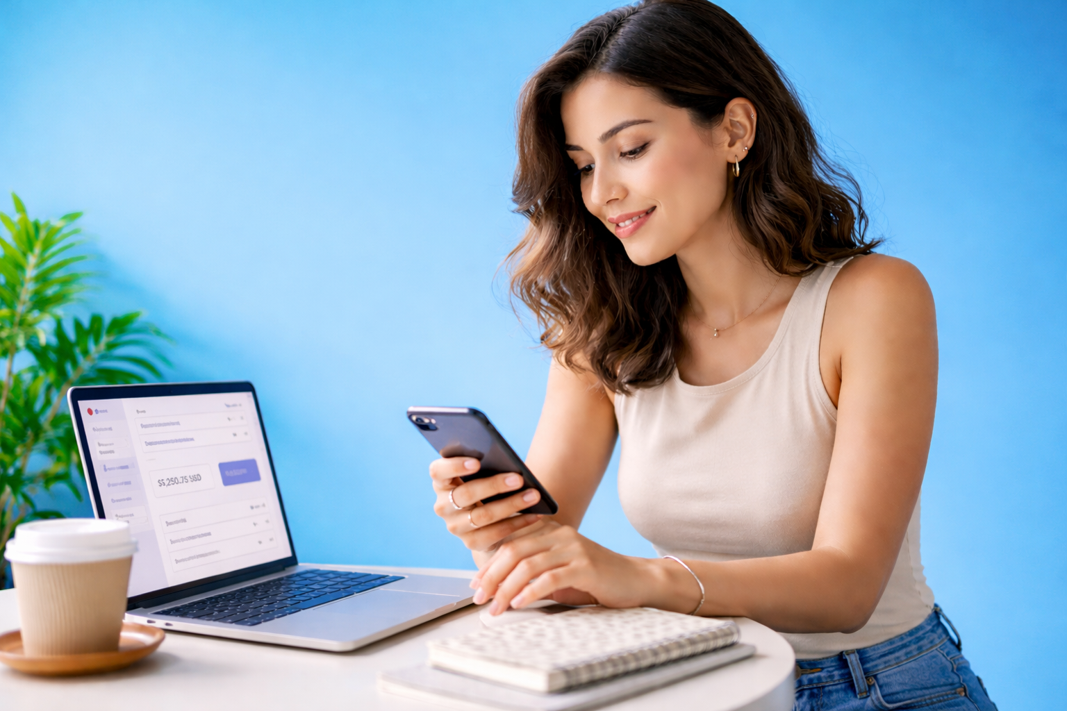 Freelancer usando laptop y celular para cobrar en dólares desde LATAM